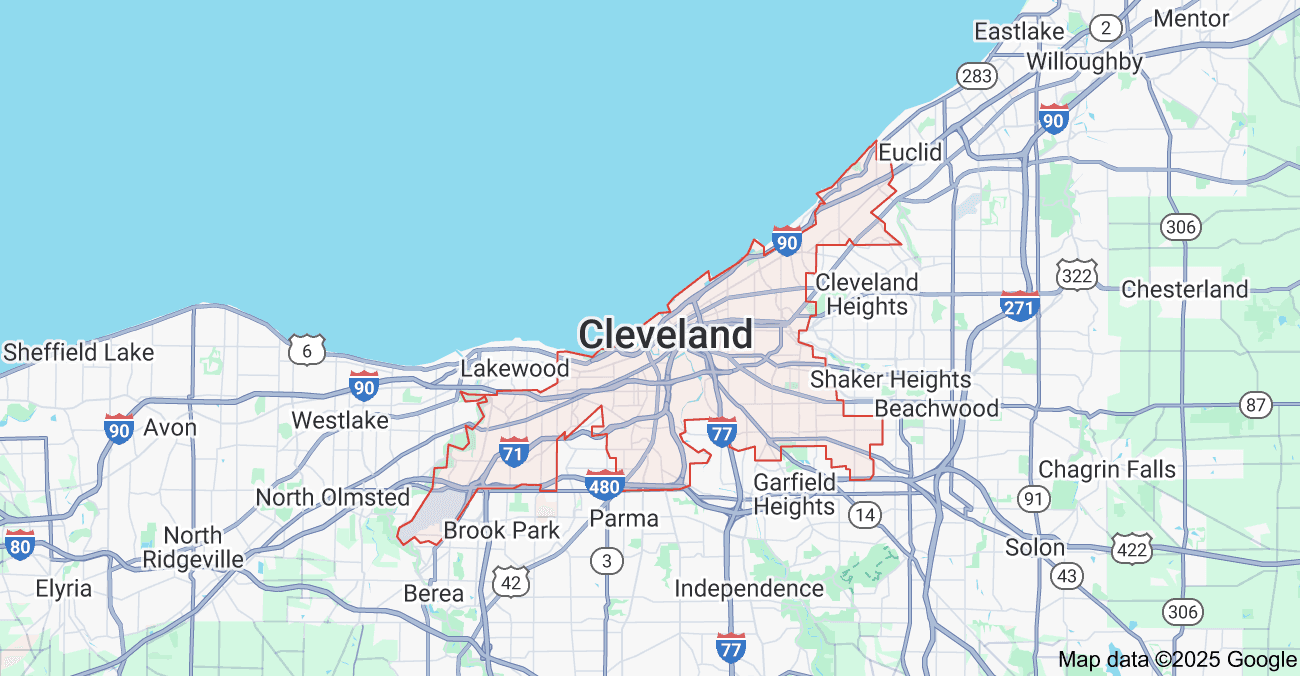 Map of Creative Playrooms locations in greater Cleveland, including 16000 Foltz Industrial Pkwy., Strongsville, OH 44149